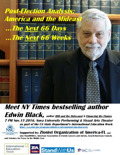 as part of the U.S. State Department's International Education Week Nova Performing & Visual Arts Theatre NSU Office of International Affairs Nova Southeastern University Ft. Lauderdale Supported by: Nova Southeastern University Office of International Affairs; also supported by Zionist Organization of America-FL and also StandWithUs, American Association of Jewish Lawyers and Jurists, Israeli-American Council, and Scholars for Peace in the Middle East see the State Department website for International Educ